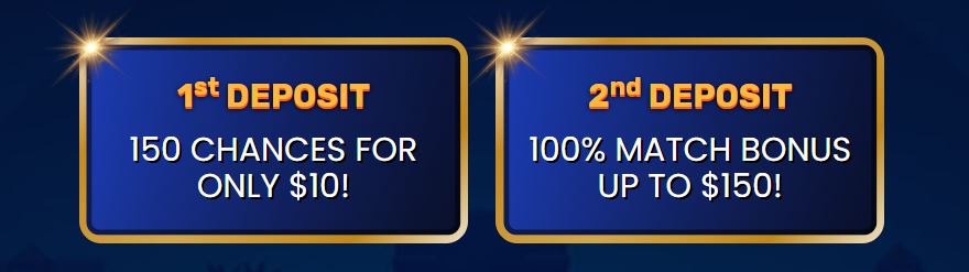 Claim 150 chances for only $10 on your first deposit and 100% match bonus up to $150 on your second