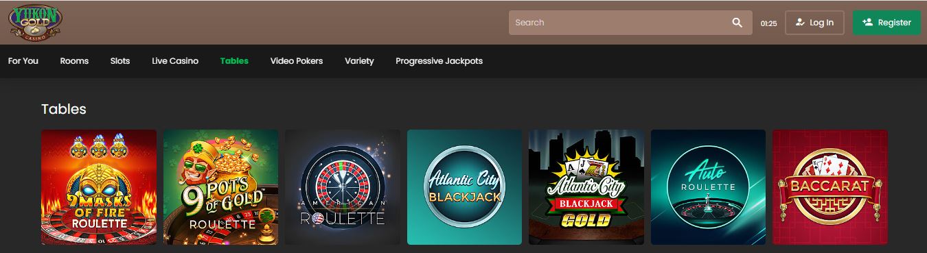 Search and play roulette, blackjack and baccarat at the tables section